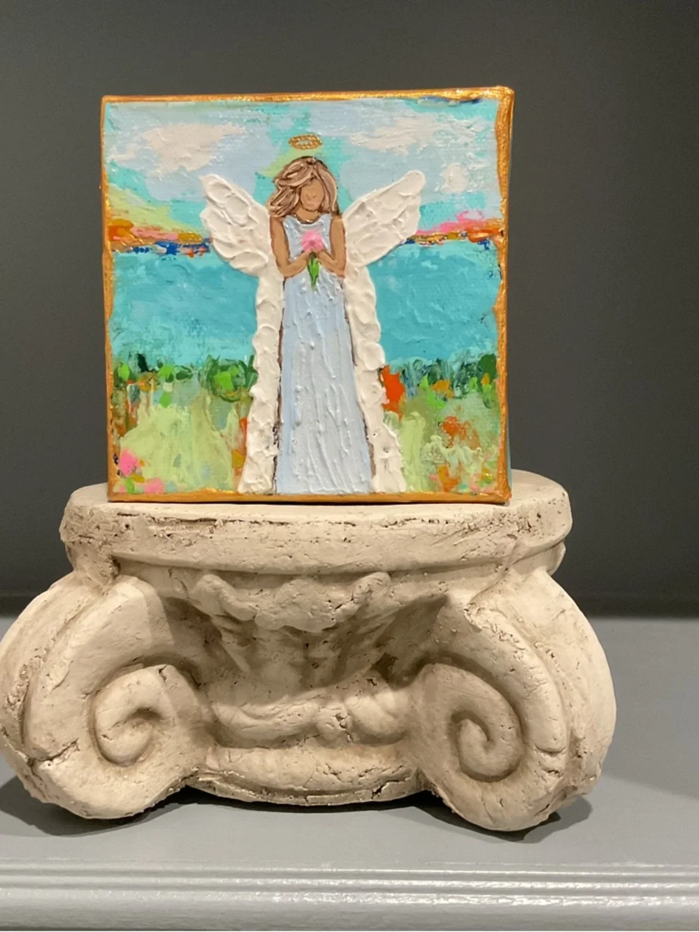 🔴Handcrafted Angel Painting in Blue, White & Gold Accent🔴 - Picture 5 of 6